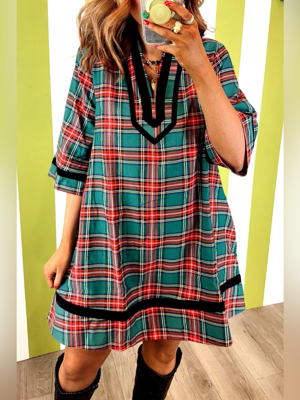 Plaid Velvet Trim Pockets Short Shift Dress